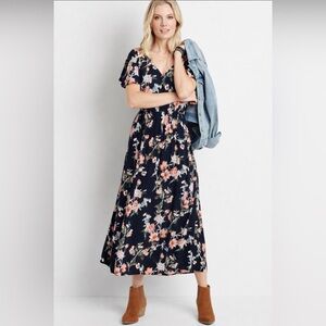 Floral Navy Blue Cotttage Core FeminineFlare Flutter Midi Dress Size 14
